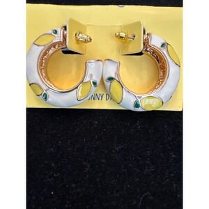 Sunny Day Lemon Print Enamel Hoop Earrings White Yellow Gold Tone Fruit Jewelry